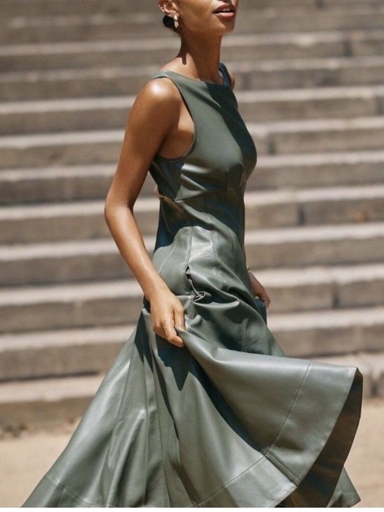 Anthropologie Dresses & Skirts - Anthropologie Green A-Line Faux Leather Sleeveless Midi Dress Size Large